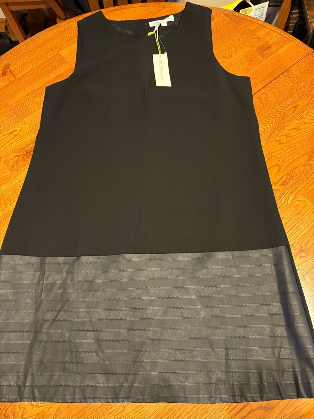 BCBGeneration Black Sleeveless Midi Dress with Leather-Trim Hem